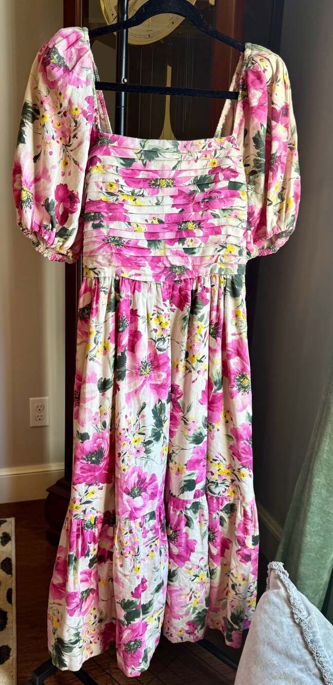 Abercrombie & Fitch Emerson Puff Sleeve Midi Dress Pink Floral